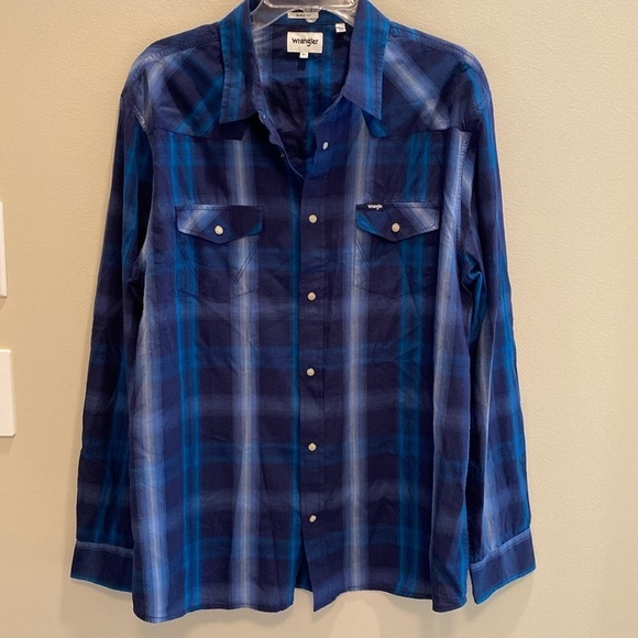 Wrangler Cotton Retro Western Pearl-snap L/S Plaid Shirt Navy Teal Cream Size XL - Picture 1 of 11